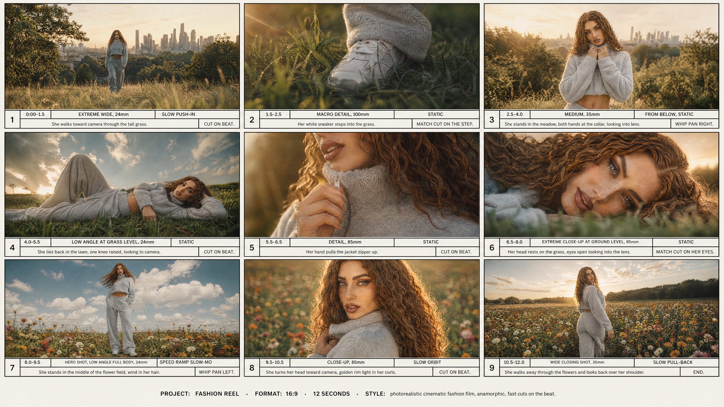 Storyboard mit neun nummerierten Panels: Wiese mit Skyline, Detail Sneaker, Liegen im Gras, Close-ups und Blumenfeld, jeweils mit Zeit, Shot und Kamerabewegung